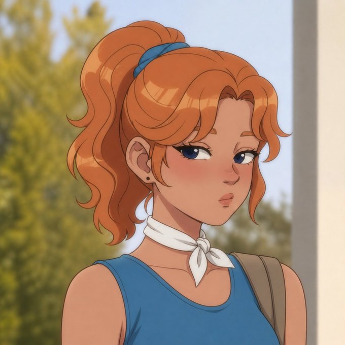 An anime-style illustration of a young woman with orange hair in a ponytail, blue eyes, a white neckerchief, and a blue tank top, with a slightly blushing expression.
