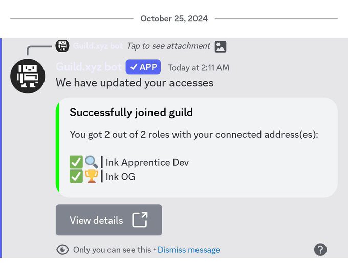 A Discord notification from Guild.xyz bot dated October 25, 2024, confirming 'Successfully joined guild' and granting roles 'Ink Apprentice Dev' and 'Ink OG'.