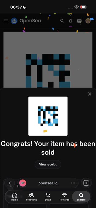 An OpenSea app screenshot showing a successful sale notification that reads 'Congrats! Your item has been sold' with a pixel-art skull image.
