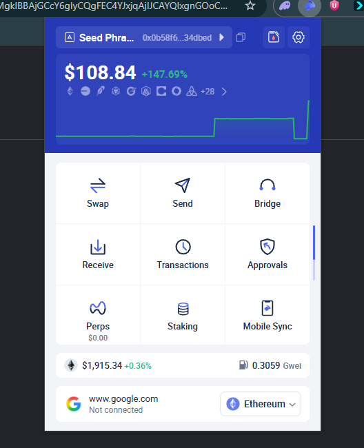A screenshot of a crypto wallet extension showing a Seed Phrase token valued at $108.84 (+147.69%), with options for Swap, Send, Bridge, Receive, Transactions, Approvals, Perps, Staking, and Mobile Sync.