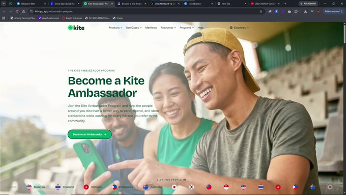 Screenshot of the Kite Ambassador Program webpage promoting an ambassador opportunity to discover a better way to save, send, and store stablecoins.