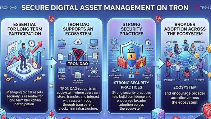A flowchart illustrates the steps of secure digital asset management using a blockchain platform named "TRON DAO". The process involves securely storing, transferring, and interacting with digital assets across the blockchain network. Each step clearly outlines its purpose, and the chart helps in understanding how these steps contribute to maintaining a safe and transparent ecosystem for participants to utilize digital assets securely.