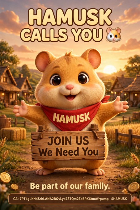 A promotional image for 'HAMUSK' featuring a cute hamster holding a 'JOIN US We Need You' sign with contract address '7PT4gLhN4SrhLANA2BQvLya7STQm2Ed5RK6tmAfrpump' and ticker $HAMUSK.