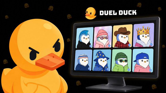 A promotional graphic for "DUEL DUCK" featuring an angry orange duck character beside a monitor displaying eight penguin characters in various outfits.