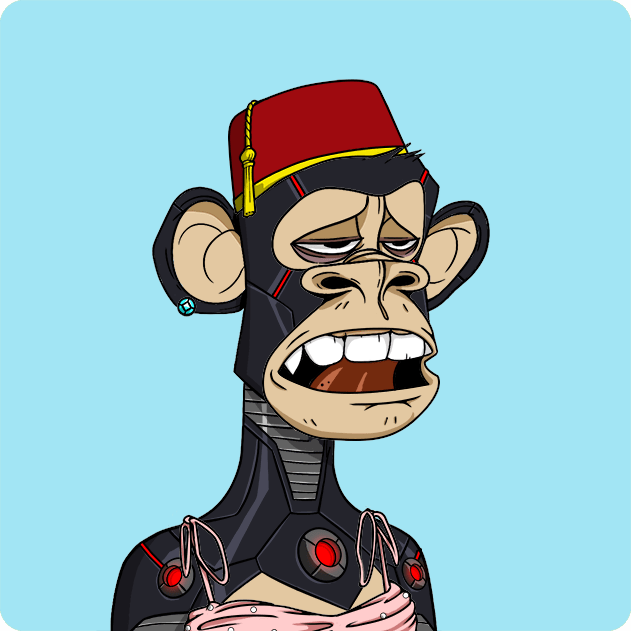 A cartoon illustration of a cybernetic monkey with a tired expression, wearing a red fez hat and a black robotic body against a light blue background.