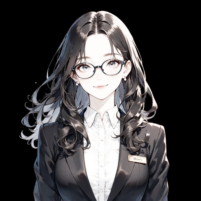 An anime-style illustration of a smiling woman with long dark wavy hair, glasses, and a professional dark blazer with a name tag on a black background.