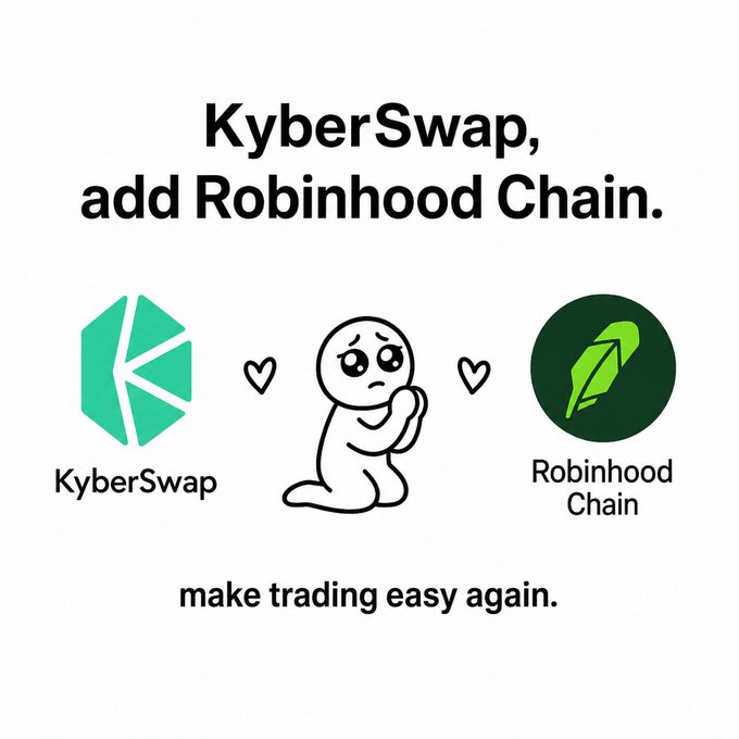 A meme graphic featuring the KyberSwap logo, a pleading cartoon face with heart emojis, and the Robinhood Chain logo, with bold text reading "KyberSwap, add Robinhood Chain." and "make trading easy again." at the bottom—visually echoing the post's plea for @KyberNetwork to integrate Robinhood Chain support amid surging on-chain activity.