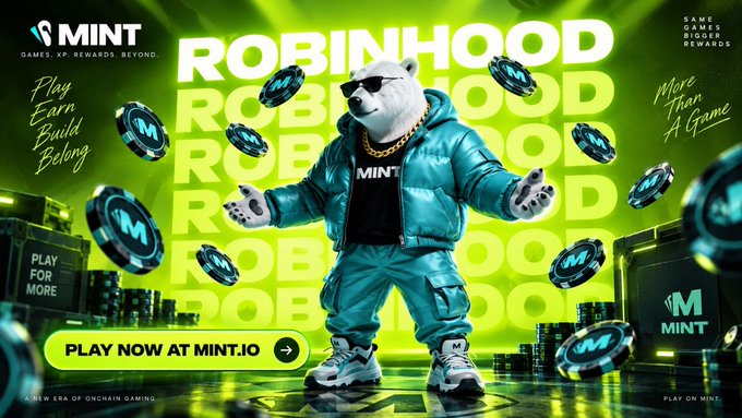 A promotional advertisement for MINT featuring a polar bear mascot wearing a blue puffer jacket and sunglasses, with text 'MINT', 'ROBINHOOD', 'PLAY NOW AT MINT.IO', 'Play Earn Build Belong', and 'GAMES. XP. REWARDS. BEYOND.'