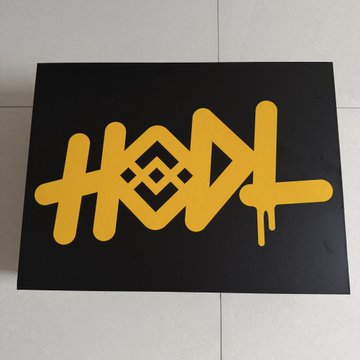 Yellow graffiti-style text reading 'HOODL' on a black rectangular sticker or sign.