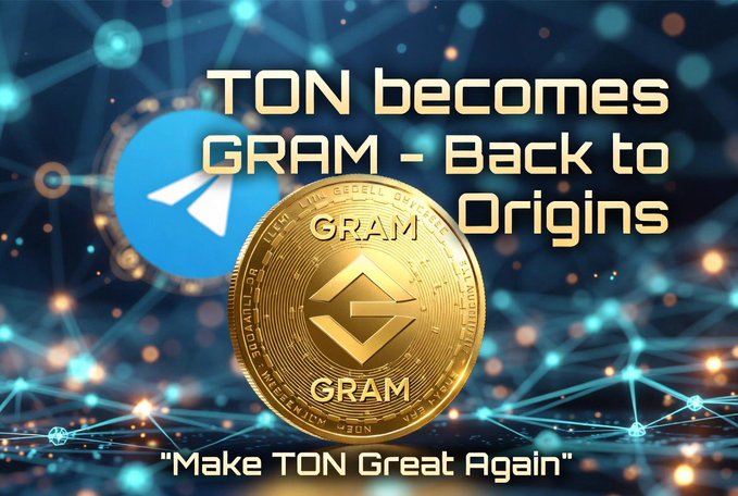 The image features a coin with the word "Gram" written on it, which has been rebranded as a cryptocurrency called "Gram." The coin was originally named "TON," but it has now become "Gram." The background of the image is filled with blue and white lines that create a network-like pattern. Below this image, there's text that reads: "TON becomes Gram - Back to Origins" and "Make TON Great Again".