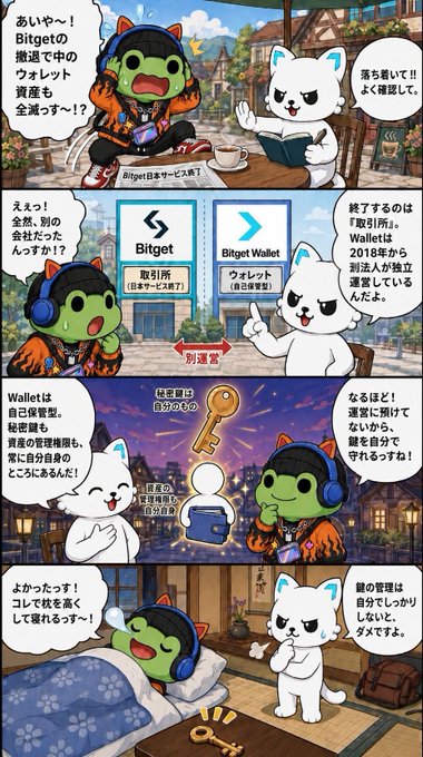 A Japanese-language four-panel comic strip featuring cartoon characters explaining the difference between Bitget (a centralized exchange) and Bitget Wallet (self-custody), with the wallet character demonstrating secret phrases and key management.