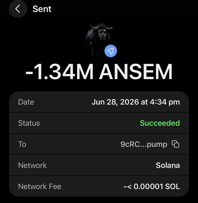 A screenshot of a successful Solana transaction showing 1.34M $ANSEM tokens sent to a "pump" address (9cRC...) on June 28, 2026, illustrating the costly mistake of accidentally transferring the meme token to a contract address instead of selling it.