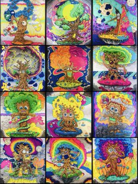 A grid of 12 vibrant, psychedelic tree artworks—each featuring a unique smiling tree character against colorful cosmic backgrounds—representing the remaining 12 pieces of the @OmnipotentTrees collection, which can be purchased or redeemed for physical