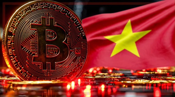 A golden Bitcoin coin stands prominently in the foreground with the flag of Vietnam waving in the background, symbolizing Vietnam's upcoming crackdown on unlicensed cryptocurrency trading platforms set to begin September 1, with fines reaching up to $1,900 for violators. The composition visually reinforces the breaking news about Vietnam's strict new regulatory penalties targeting unauthorized crypto users.