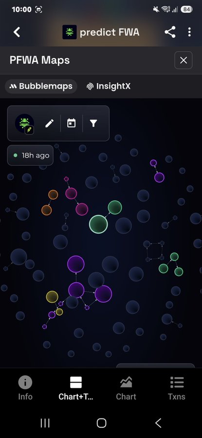 A mobile app screenshot showing the 'predict FWA' interface with a 'PFWA Maps' bubblemap visualization featuring various colored nodes on a dark background.