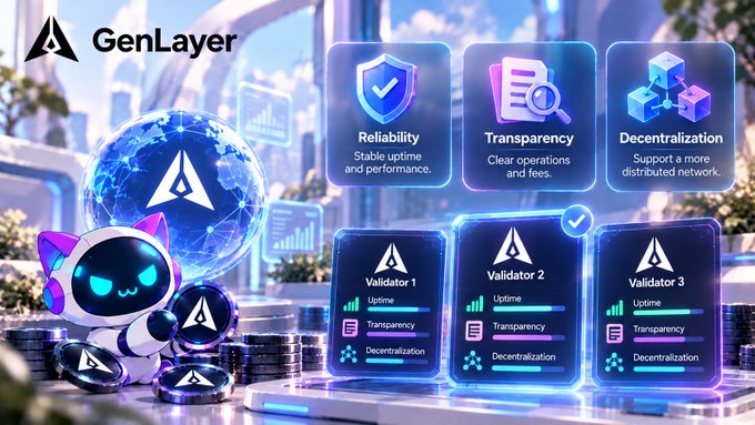 A promotional graphic for "GenLayer" featuring a mascot character alongside icons for Reliability, Transparency, and Decentralization, with three validator cards displayed below.