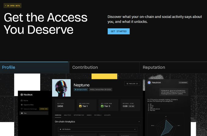 A dark-themed dashboard titled 'Get the Access You Deserve' showing on-chain analytics profile sections for 'Nucleus' and 'Neptune'.