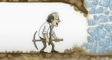 A 2D animation of a tired cartoon miner with a pickaxe walking through a dirt tunnel, with a pile of blue gems visible on the right.