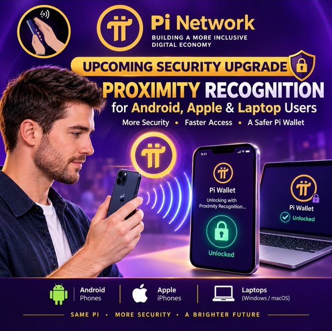 The image is a promotional graphic for **Pi Network** announcing an **"Upcoming Security Upgrade: Proximity Recognition"** for Android, Apple, and Laptop users, featuring a man using his smartphone near a Pi Wallet display showing "Unlocked" via proximity recognition. The graphic highlights Pi's tagline "Building a More Inclusive Digital Economy" and lists benefits like "More Security, Faster Access, A Safer Pi Wallet," aligning with the post about testing proximity recognition as an additional security layer for Pi Wallet access.