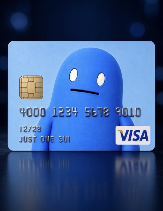 A blue Samsung 'JUST ONE UI' promotional Visa credit card featuring a small blue character and a chip.