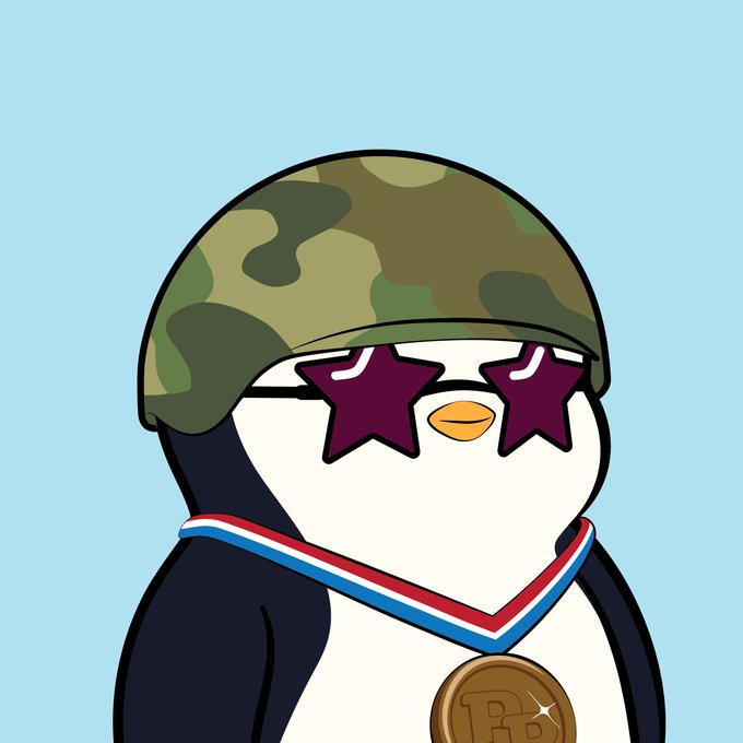 A cartoon penguin wearing a camouflage helmet and star-shaped sunglasses with a red, white, and blue medal ribbon around its neck, featuring a gold coin with a 'P' logo.