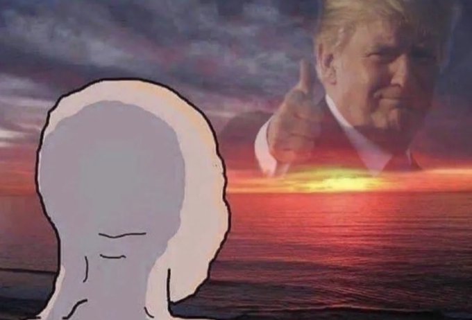 A humorous edited image shows a blank silhouette figure looking at a sunset over water, with Donald Trump giving a thumbs up in the sky and a small Ghibli character in the background.