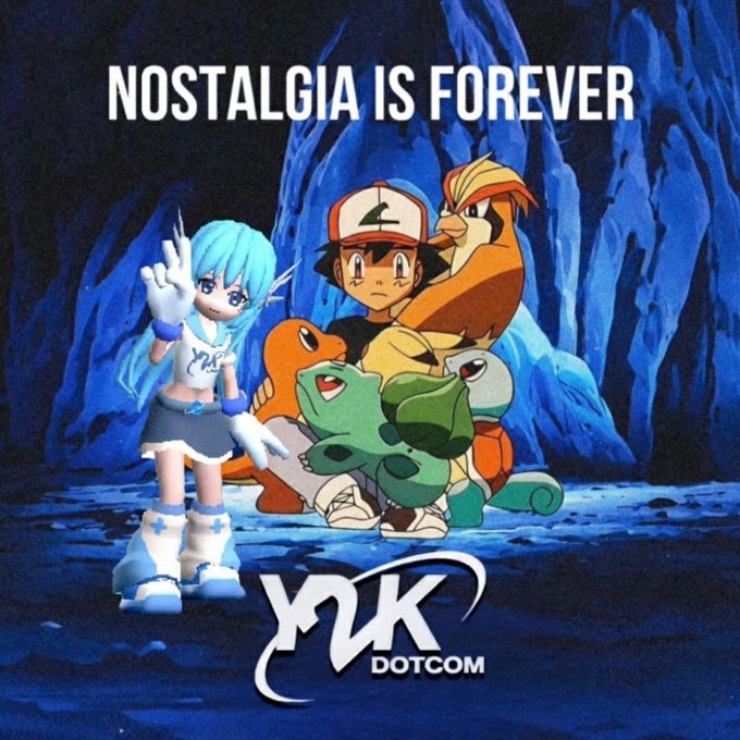 An anime-style illustration features a blue-haired girl alongside Ash Ketchum and Pokemon characters in a cave, with text 'NOSTALGIA IS FOREVER' and 'YNK DOTCOM' logo.