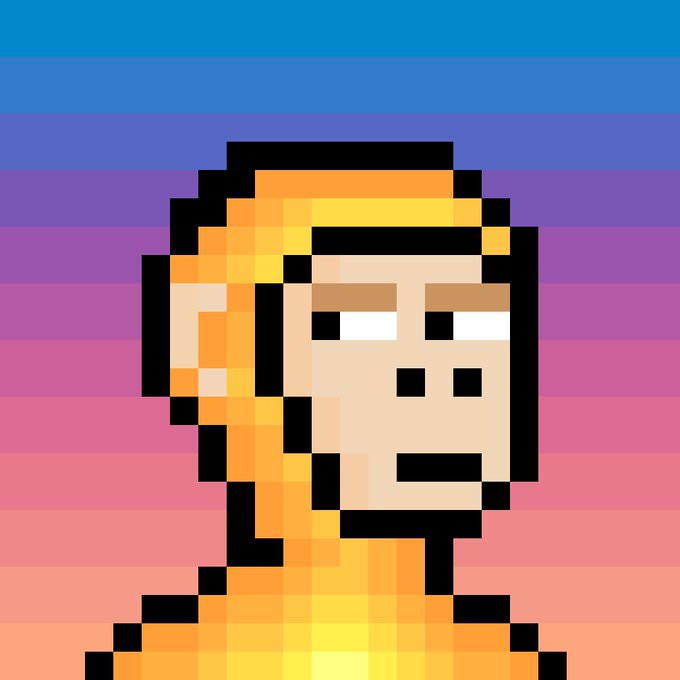 A pixel art portrait of a character with orange hair against a gradient blue, purple, pink, and orange striped background.