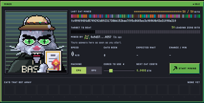 A pixel-art mining dashboard shows a gray cat character 'BAS' with stats like 'LOST CAT MINED 50/50 BITS,' 'MINED BY 0x9d37...0E57,' and a 'START MINING' button.
