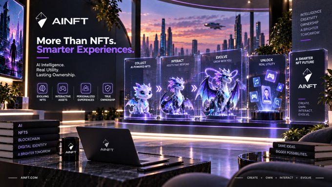 A promotional banner for AINFT reads 'More Than NFTs. Smarter Experiences.' and showcases features like 'COLLECT AI POWERED NFTS,' 'INTERACT ASSETS THAT RESPOND,' 'EVOLVE GROW WITH YOU,' and 'UNLOCK REAL UTILITY,' displayed in a futuristic cityscape setting with the website 'AINFT.COM'.
