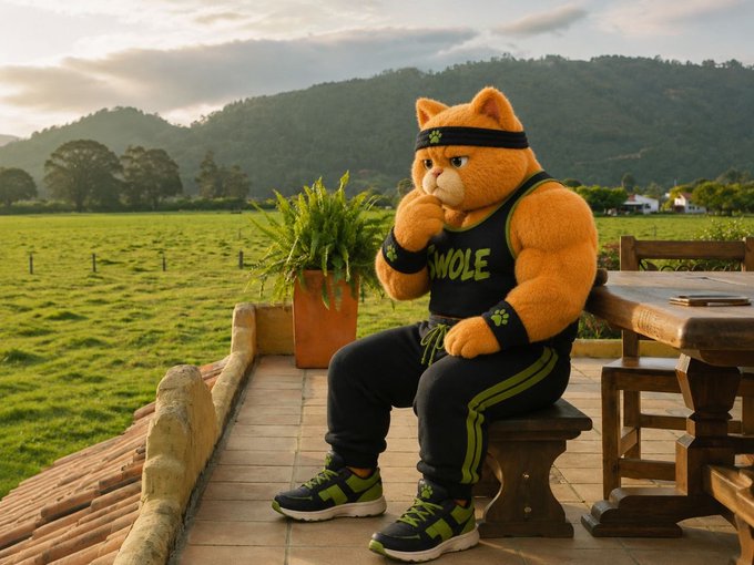 An anthropomorphic orange cat character wearing a black headband and 'WOLE' tank top sits at an outdoor table, appearing to eat a snack.