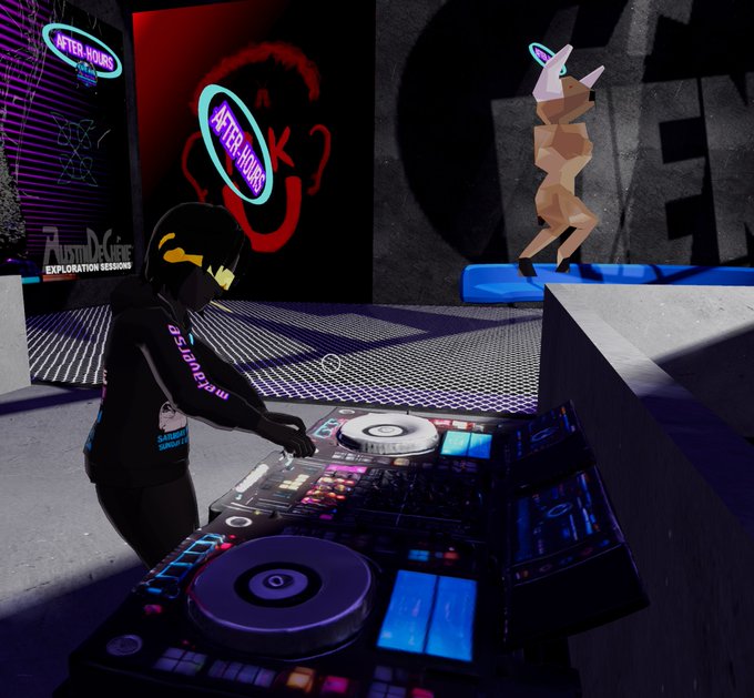 A 3D-rendered scene depicts a virtual DJ in black clothing performing on decks under neon signs reading 'AFTER HOURS', 'AUSTIN RAVE EXPLORATION SESSIONS', and 'OK', with a pixelated rabbit avatar dancing on a nearby platform.