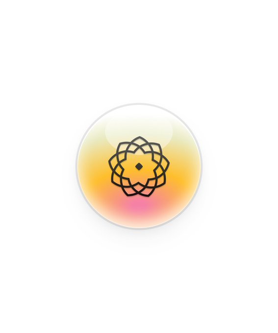 A circular glass ornament with a gradient yellow and pink background displays a black geometric lotus or rose design in the center.