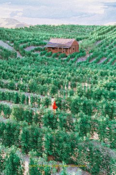 An elevated view of a vineyard with rows of green plants, a small brown building in the center, and a person in red visible among the crops.
