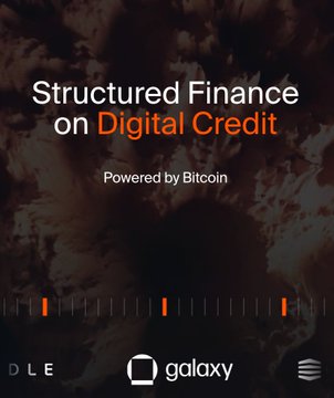 The image is a promotional graphic with the headline "Structured Finance on Digital Credit" and the tagline "Powered by Bitcoin," featuring logos for DLE, Galaxy, and another brand at the bottom, which relates to the post by visually framing the concept of bitcoin-backed structured finance products like those offered by Saturn through its investment in Strategy's preferred shares.