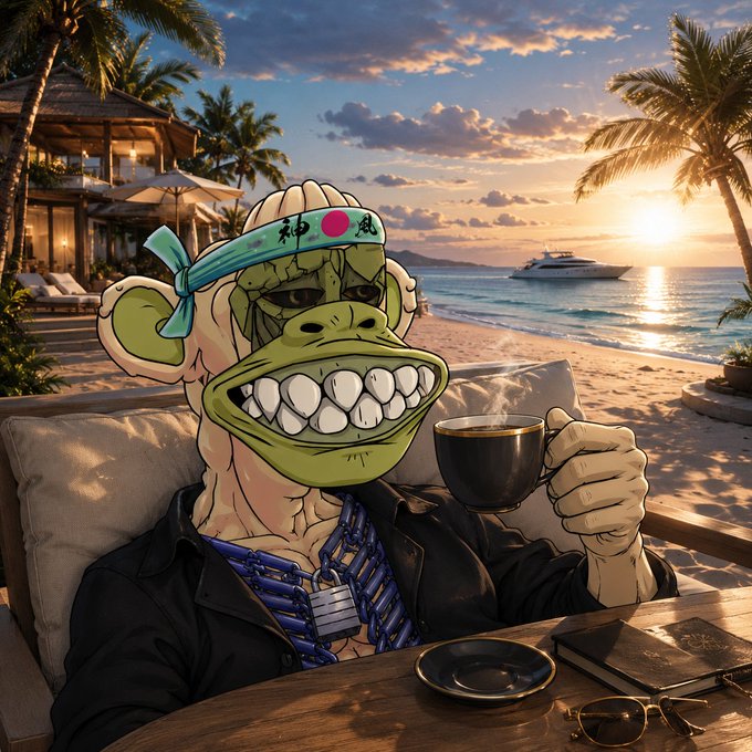 A cartoon monkey character wearing a blue headband and dog tags, holding a coffee mug while sitting at a beach resort with palm trees and a yacht at sunset.