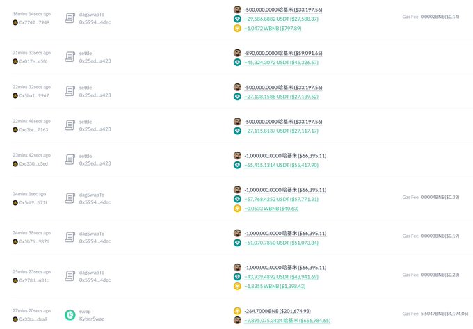 A blockchain transaction log showing various token swaps (daiSwap, settle) with transaction hashes, amounts, and gas fees in BNB.