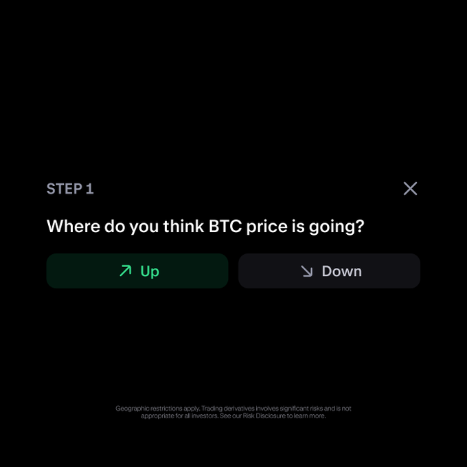 A Kraken trading interface prompting users with "STEP 1: Where do you think BTC price is going?" featuring Up and Down buttons. The image illustrates a binary options trading flow, which the post references when discussing how traders can profit from volatility expansion before major events without needing to predict BTC's direction.