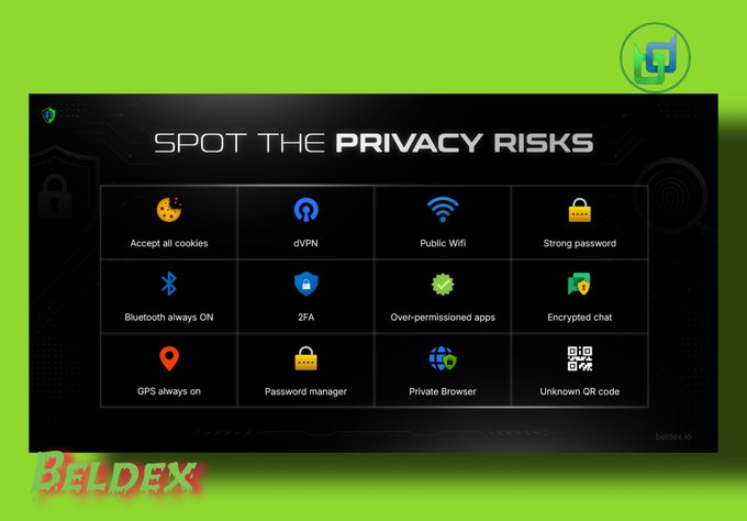 An infographic titled 'SPOT THE PRIVACY RISKS' displaying a grid of icons and labels for various digital security concepts, such as 'Accept all cookies,' 'Public Wifi,' 'Strong password,' '2FA,' and 'Private Browser,' with 'Beldex' watermarked at the bottom.