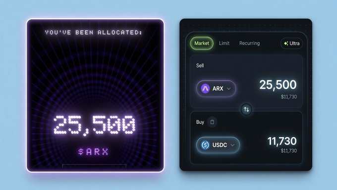 The image features two posts on a social media platform, each with different content related to cryptocurrency. On one side, there's a square graphic displaying a black background with purple neon lines. The caption below reads "You've been allocated!" and is located in the top left corner of the image. On the other side, there are two square images placed against a light blue background. One shows a bar graph representing a market limit at 25,500 tokens and an auction price of 19,500 tokens. The other image also has a bar graph but with a different color scheme and different words on it. It displays information about a crypto trader who's been allocated to participate in an auction.