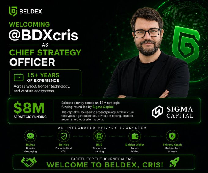 BeldEx announces the appointment of @BDXcris as Chief Strategy Officer, highlighting his 15+ years of experience in Web3 and frontier technology, along with the company's recent $8M strategic funding round led by Sigma Capital.