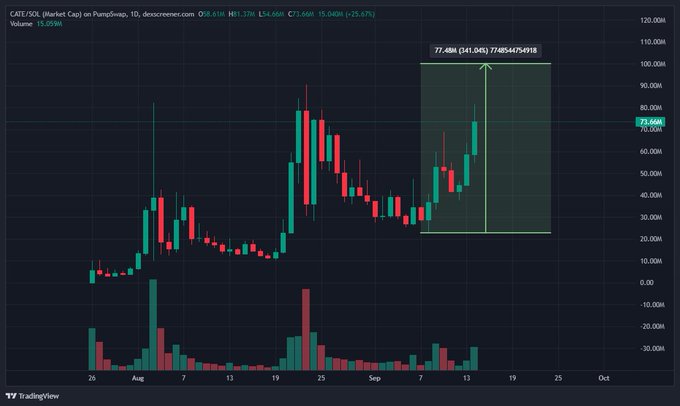 A TradingView candlestick chart of CATY/USDT (Parclet Cap) on PumpSwap shows a 25.57% price increase to $73.604M, with volume up 25.05%. A highlighted green box illustrates a recent breakout with an annotated gain of 77.48M (+41.94%) / 77.48544754918, displaying price action from late July through early October.