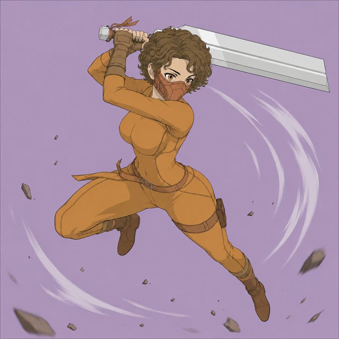 An anime-style female warrior with curly brown hair and an orange outfit wields a large sword in a dynamic battle pose.
