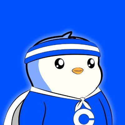 A cartoon penguin mascot wearing a blue and white striped headband and a blue jersey with a white "C" logo appears against a vibrant blue background, symbolizing the crypto token $PENGU. The mascot's upward-looking expression and athletic attire playfully represent the token's recent price surge from $0.006 to $0.01, as highlighted in the accompanying post.