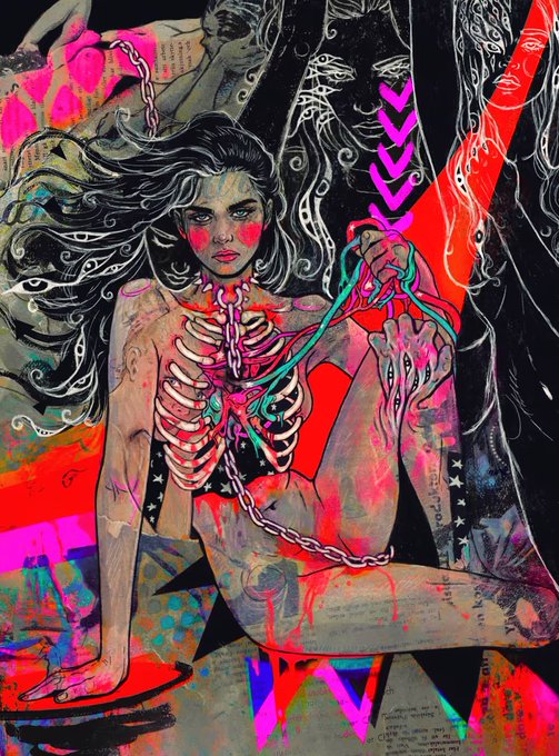 A stylized illustration of a woman with an exposed ribcage and floral heart, clutching a chain that drips red like blood, visually echoing the post's lament "This is where my heart used to be" through its imagery of an emotionally wounded, open-chested figure.