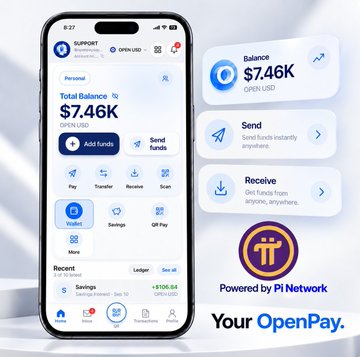 The image showcases the OpenPay app interface displaying a total balance of $7.46K in OUSD, alongside a Pi Network (π) logo and feature highlights for sending and receiving payments. It illustrates the OpenPay app's functionality, supporting the post's case study about how Pi Protocol 28 and OpenPay's OUSD could enable volatility-resistant payment flows for local merchants like "Cafe Pioneer" in Manila.