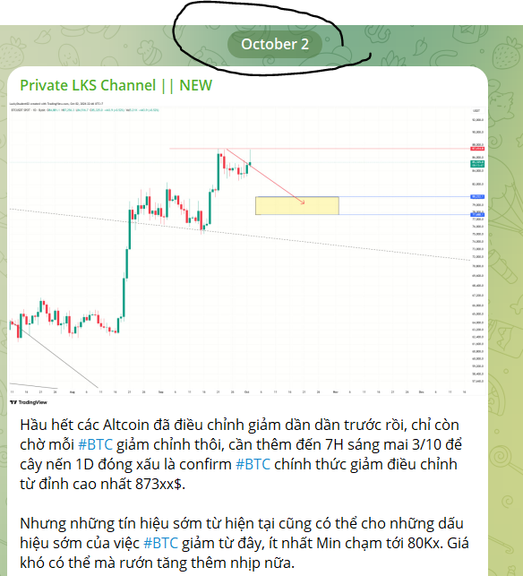 A TradingView chart titled "Private LKS Channel || NEW" displays the BTC/USD price action with a highlighted yellow zone around the 80Kx level, and Vietnamese text below suggesting #BTC is likely to continue correcting from its all-time high of 873xx, with a minimum target of 80Kx, aligning with the post's question on whether the 80Kx level will be reached next.