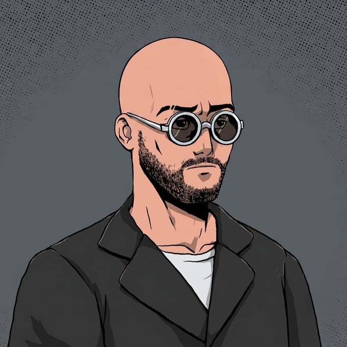 Digital illustration of a bald man with a beard wearing round wire-frame glasses and a dark blazer against a gray background.