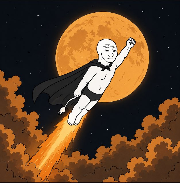 An illustration of a cartoonish figure wearing a black superhero cape, briefs, and boots, flying upwards with a jet stream trailing below against a backdrop of a large orange moon.