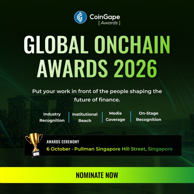 A promotional banner for 'CoinGape Awards: Global Onchain Awards 2026' inviting nominations, with an awards ceremony scheduled for 6 October at Pullman Singapore Hill Street, Singapore, featuring a gold trophy and city skyline background.